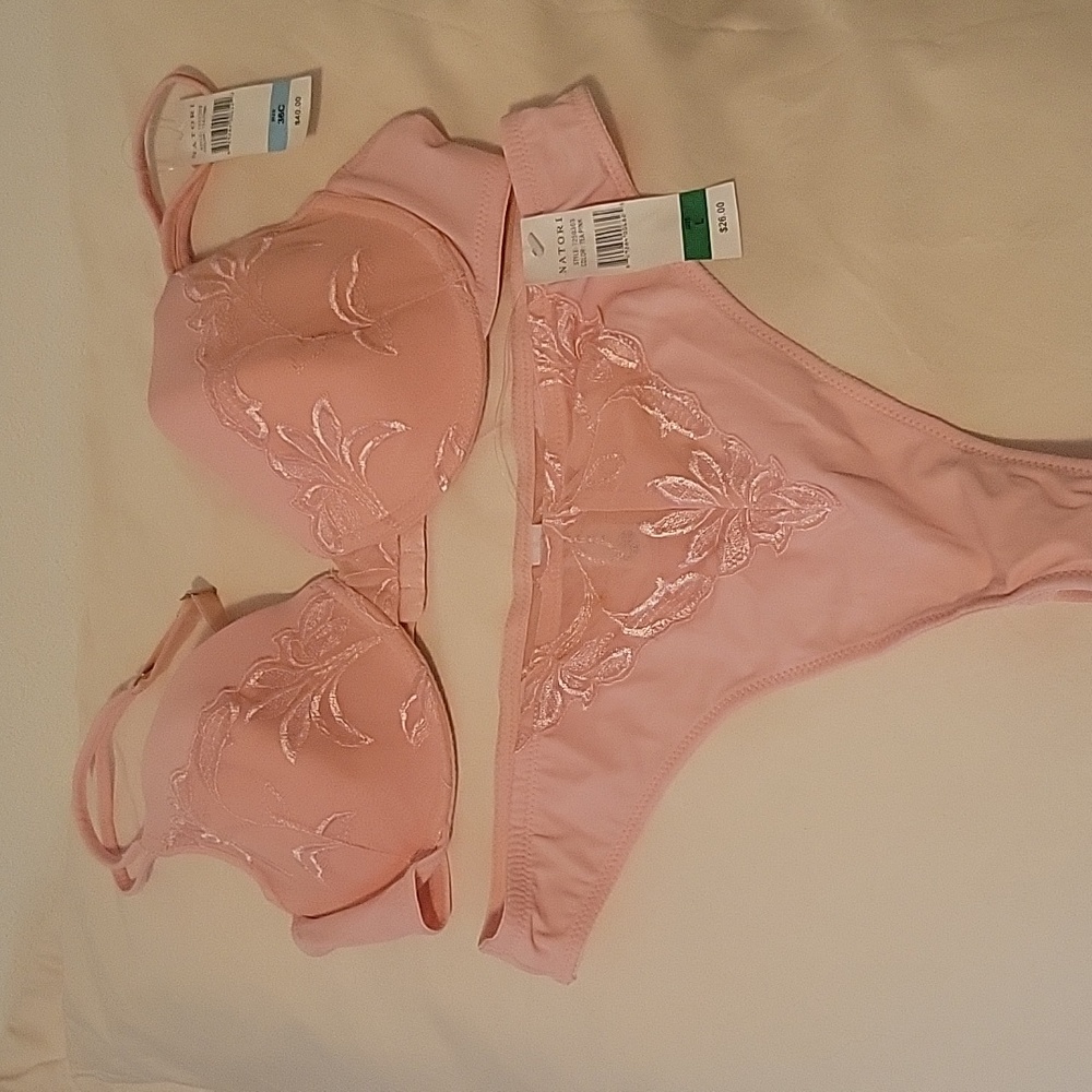 Natori Pink Embroidered Underwire Bra & Thong Set